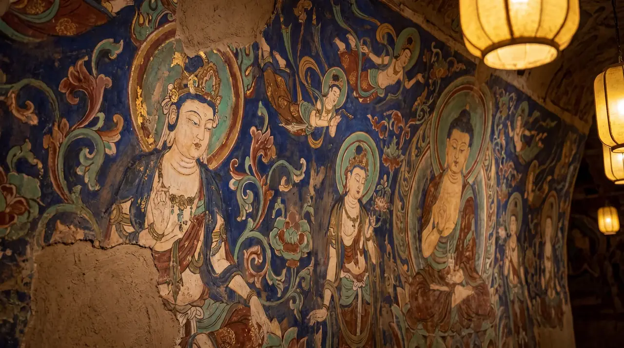Close-up of a Dunhuang mural representing an art and cave heritage route