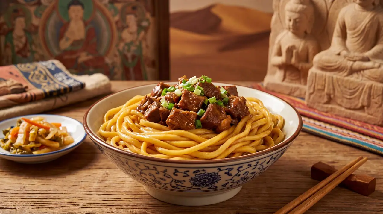 Donkey meat noodles representing Silk Road food mixing points in Gansu