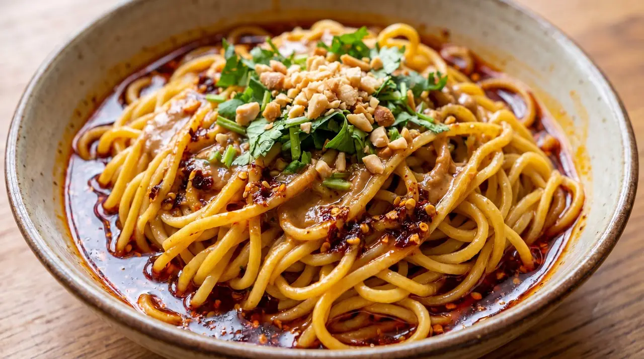 Macro photography of Gansu niangpi with spicy sauce
