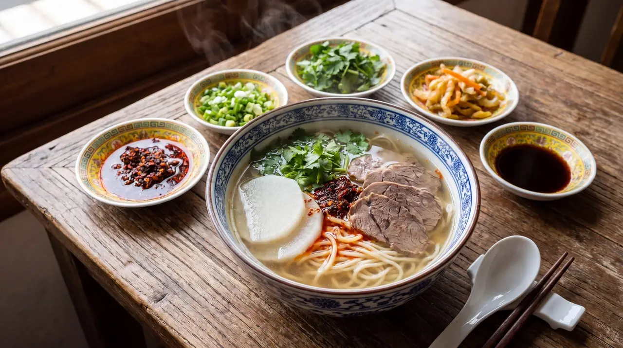 Overhead shot of Lanzhou beef noodles — representing Hui-style pulled noodles