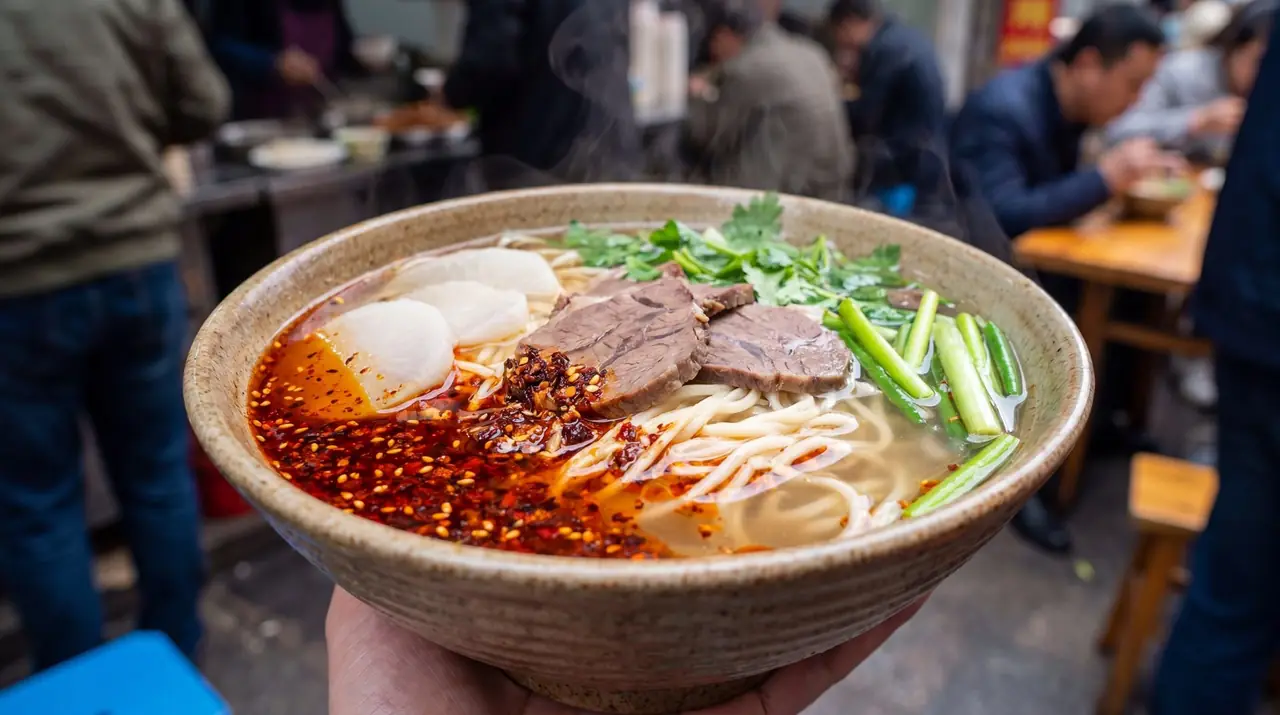 Restaurant-style Lanzhou noodles — street-level Hui food context