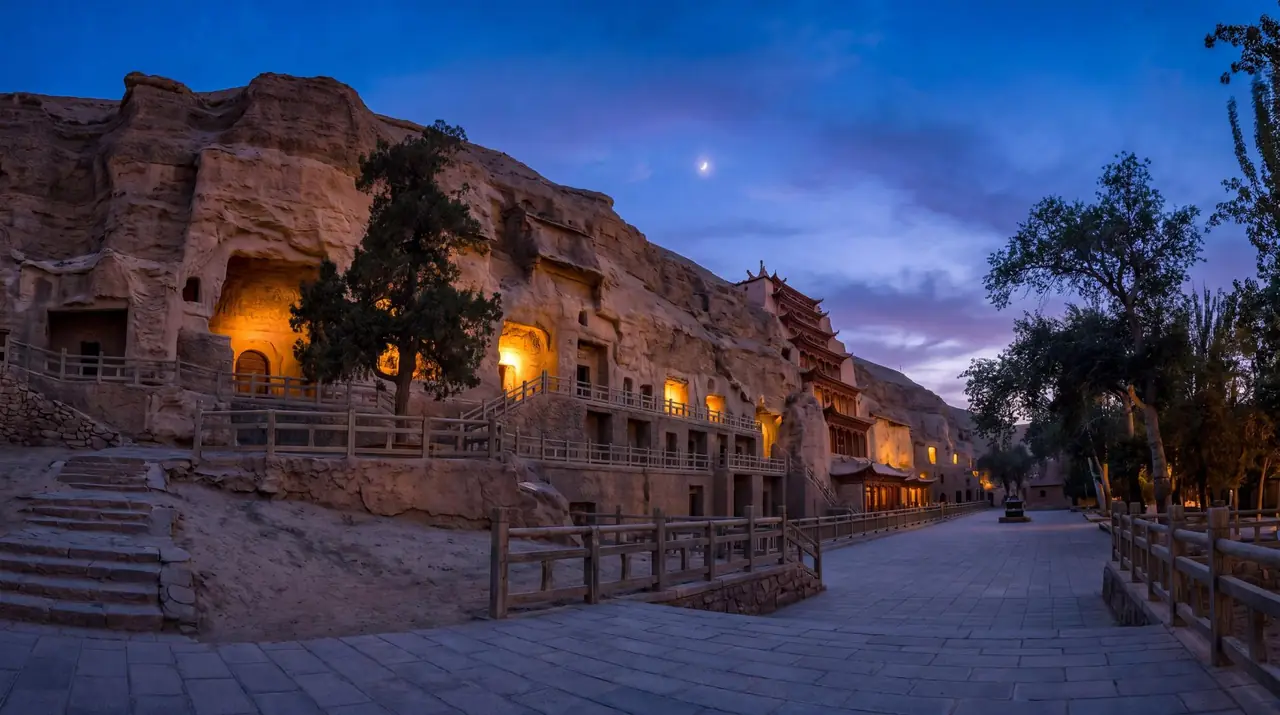Mogao Grottoes at blue hour — a reflective scene evoking tea culture's slower pace
